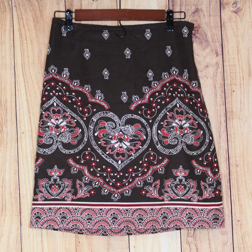 Ann Taylor Loft Size 2 Brown Boho Mini Skirt Zip Side Women's Silk and Cotton